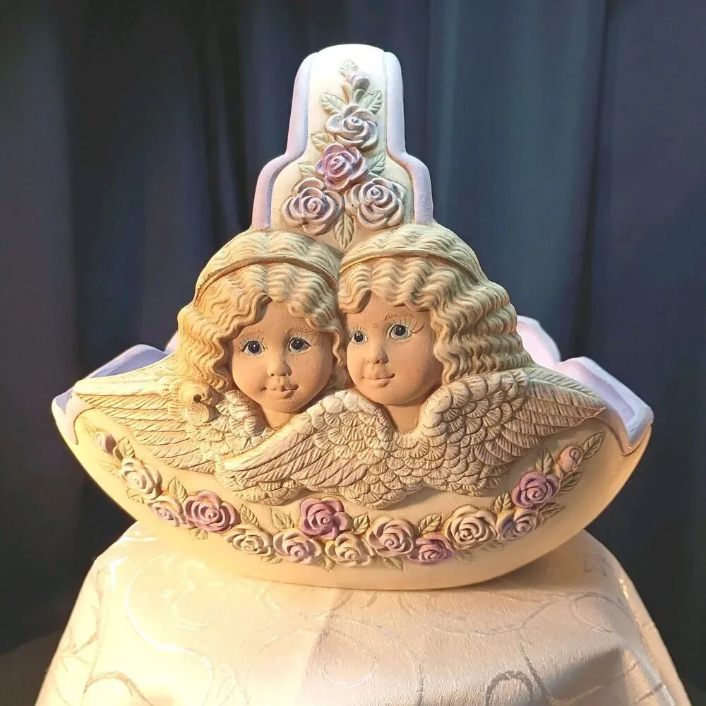 Vtg Ceramic Basket, Romantic Cherubs Angels, Purple Feminine Victorian Decor